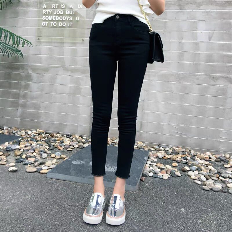 Black high-waisted skinny jeans for women in the summer of 2022, thin and new style, slimming and form-fitting pencil pants details Picture
